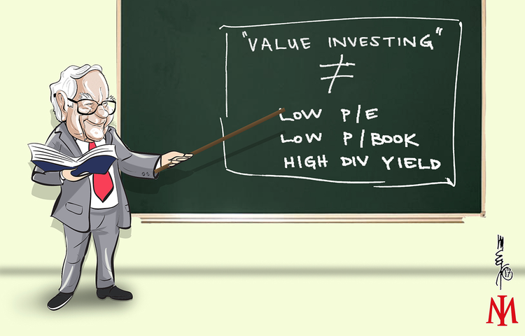 Caricatura de Warren Buffett explicando el Value Investing en una pizarra.